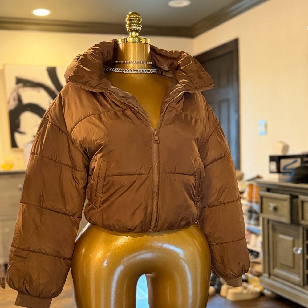 Ci Sono Chocolate Brown Cropped Hooded Puffer Jacket